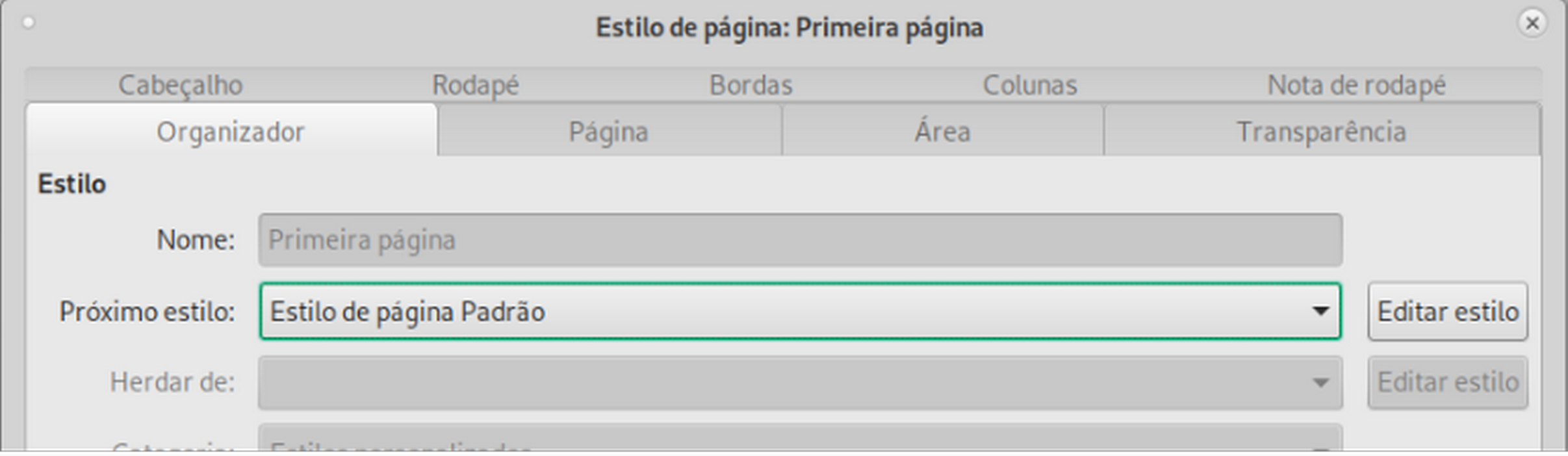 especificação do próximo estilo após a primeira página de um capítulo