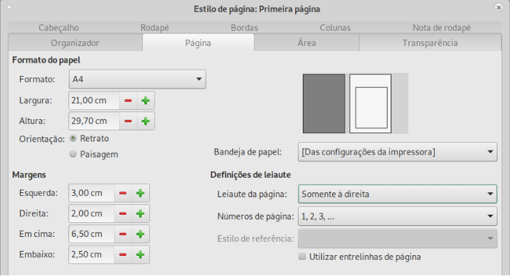 configuração das margens e leiaute da página para o estilo Primeira página