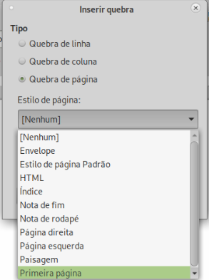 escolha Quebra de página e selecione o estilo Primeira página