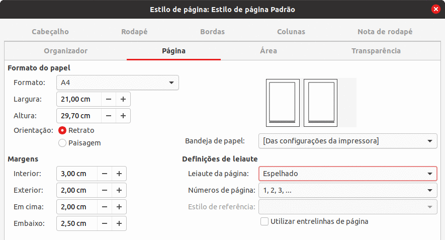 definir as margens da página e o leiaute para o modelo Padrão de Páginas