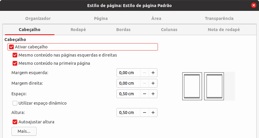 configurar as propriedades do cabeçalho para o padrão Estilo de página