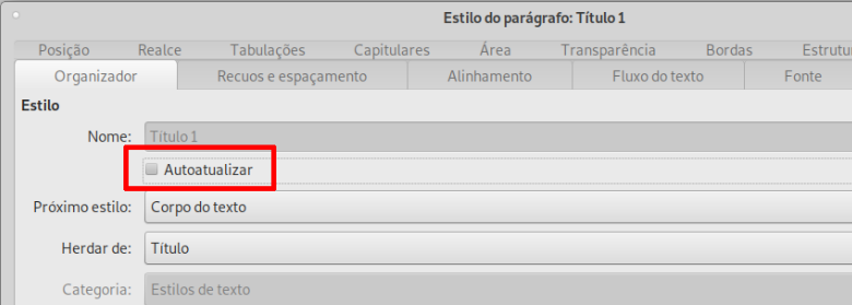 opção Autoatualizar na página Organizador da caixa de diálogo Estilo de parágrafo