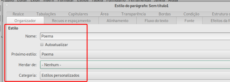 configuração inicial para o estilo Poema. Define as três primeiras entradas como exibido.