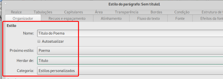 configurações para o estilo de título Título do Poema