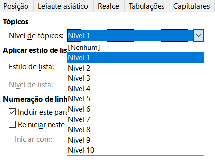 especificar um nível de título para um estilo de parágrafo