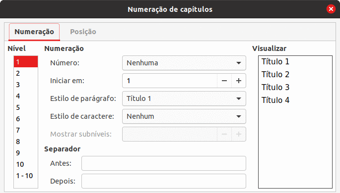 configurações padrão na caixa de diálogo Numeração de capítulos