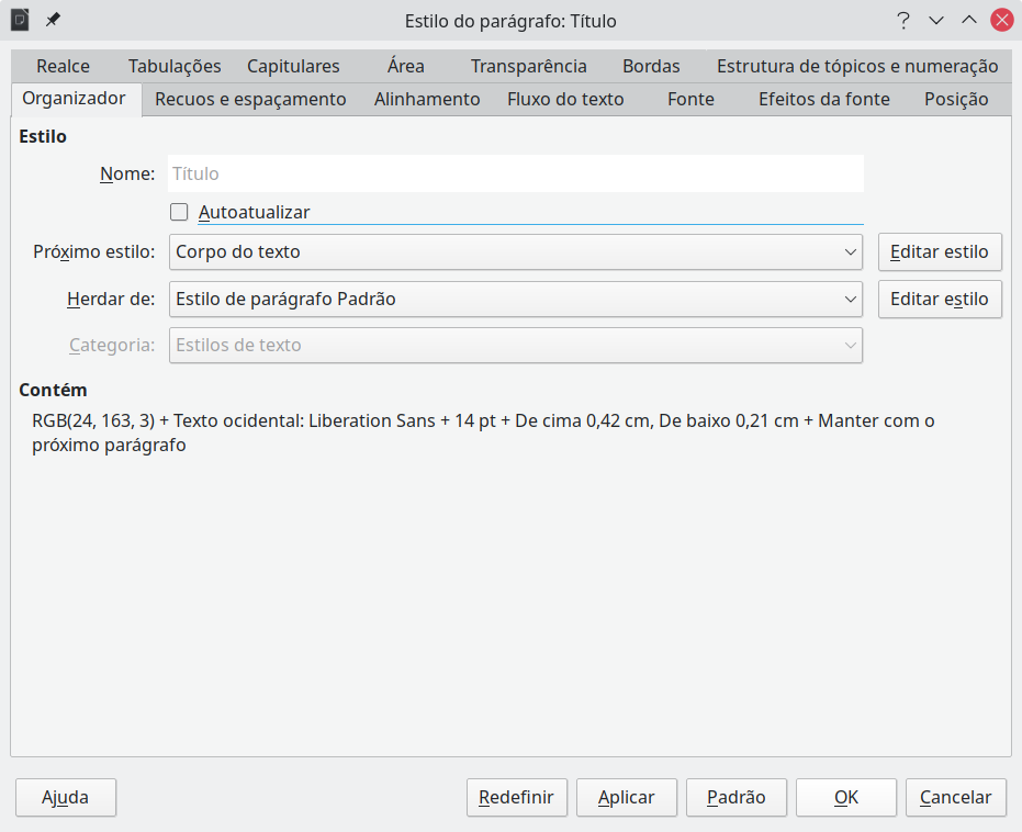 aba Organizador exibida quando um novo estilo de parágrafo é criado