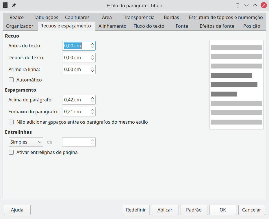 configurações na aba Recuos e Espaçamento da caixa de diálogo Estilo de parágrafo