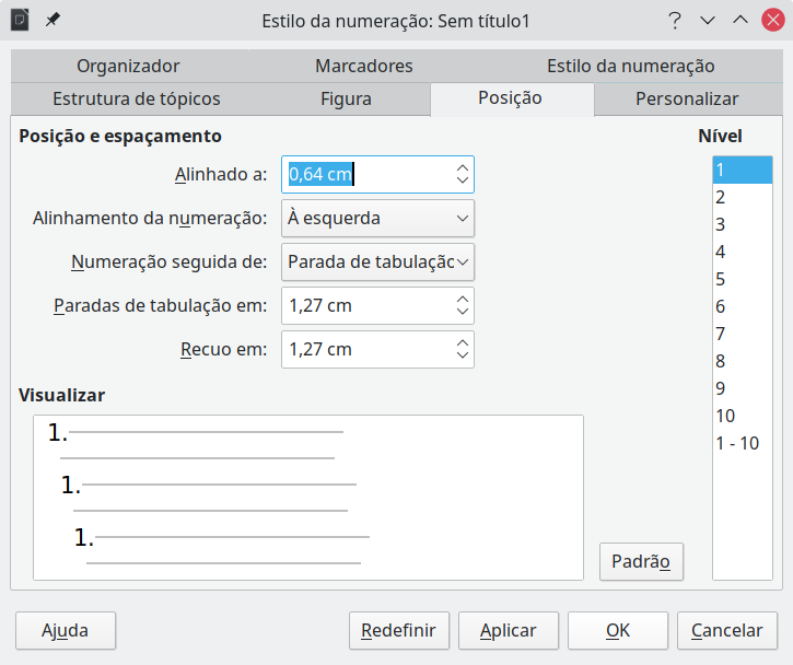 configurações de posição para um estilo de lista