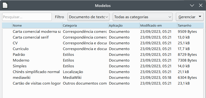 Vista em lista da caixa de diálogo Modelos