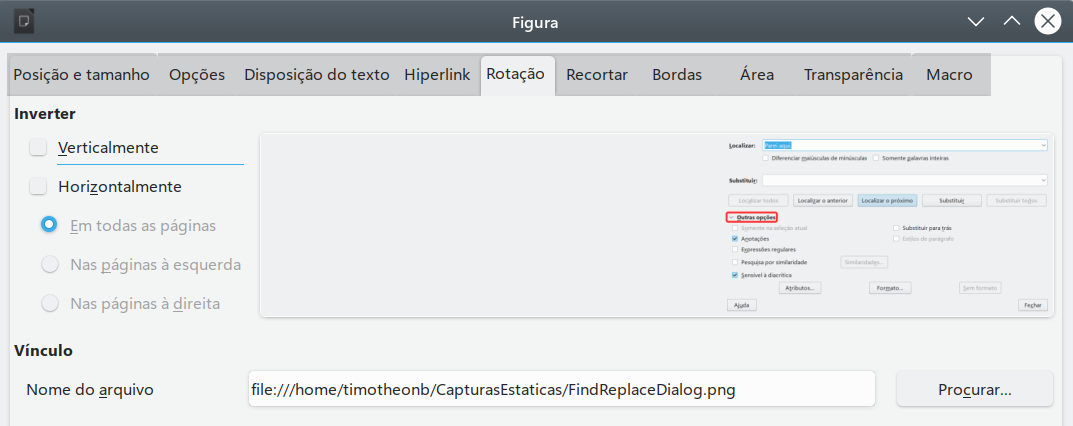 aba Rotação da caixa de diálogo Figura mostra o nome do arquivo vinculado