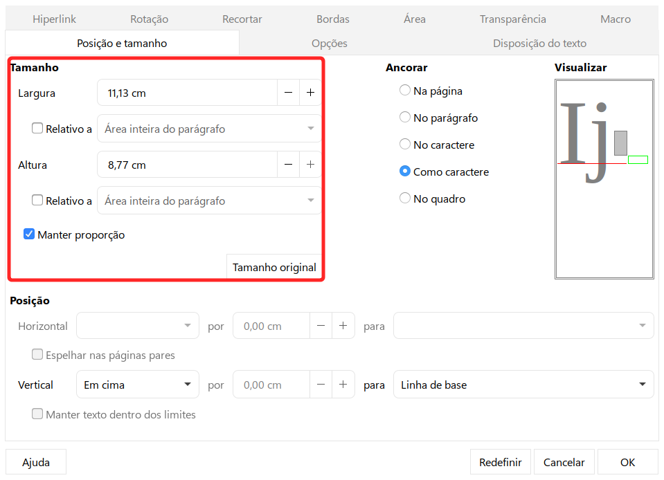 redimensionamento especificando um tamanho na aba Posição e Tamanho