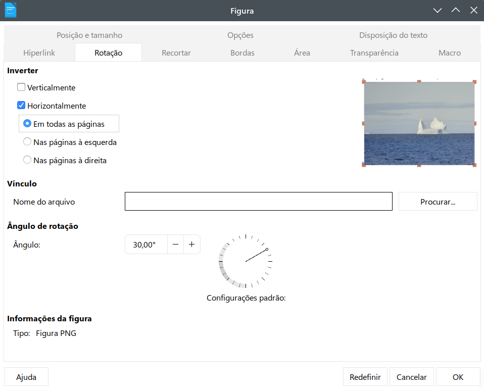 usar a aba Rotação da caixa de diálogo Figura para inverter, vincular ou girar uma imagem