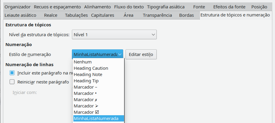 atribuir um estilo de numeração a um estilo de parágrafo