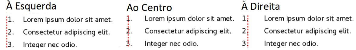 a linha pontilhada representa a margem neste exemplo. Se o valor do Alinhamento da numeração for 0, escolher No meio ou À direita pode forçar os números para a margem esquerda