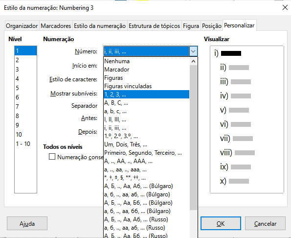 selecione um estilo de numeração na aba Personalizar