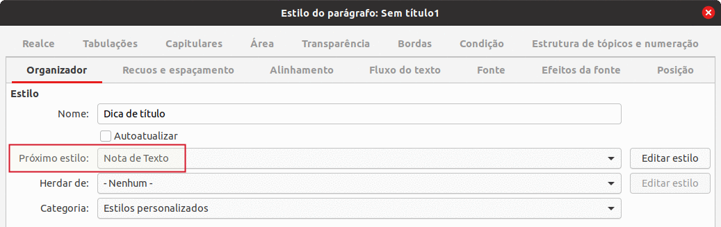 especificar o próximo estilo para o estilo Dica de título