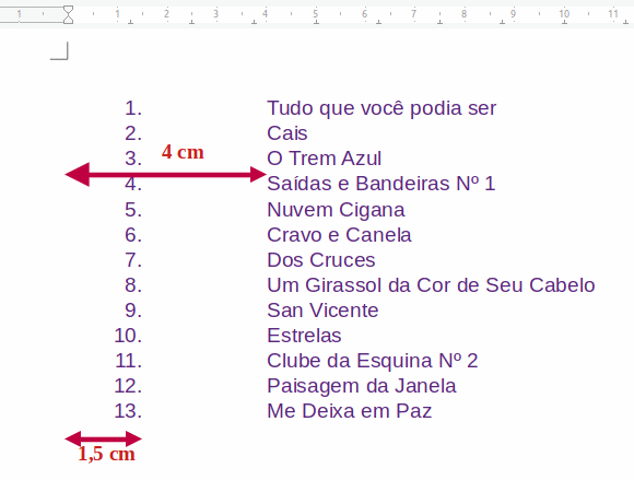 uma lista numerada de faixas de CD criadas a partir das configurações neste exemplo