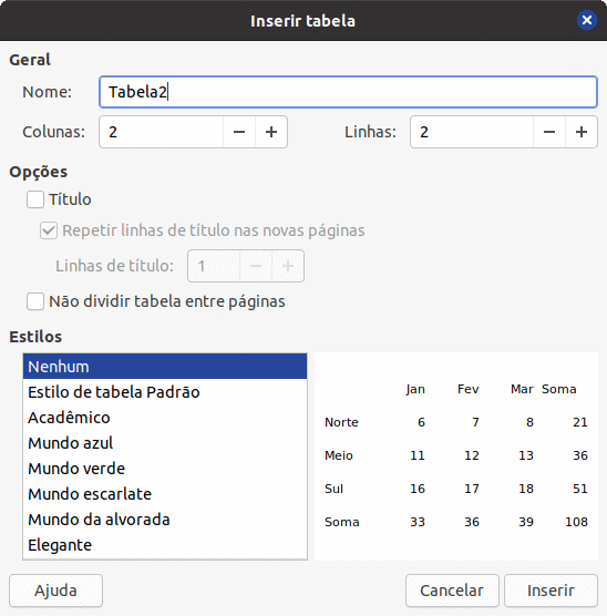 caixa de diálogo Inserir tabela