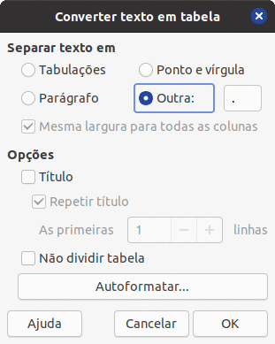 caixa de diálogo Converter texto em tabela