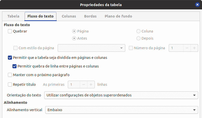 aba Fluxo de texto da caixa de diálogo Propriedades da tabela 