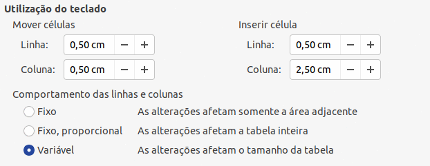 escolher o manuseio do teclado para colunas e linhas da tabela