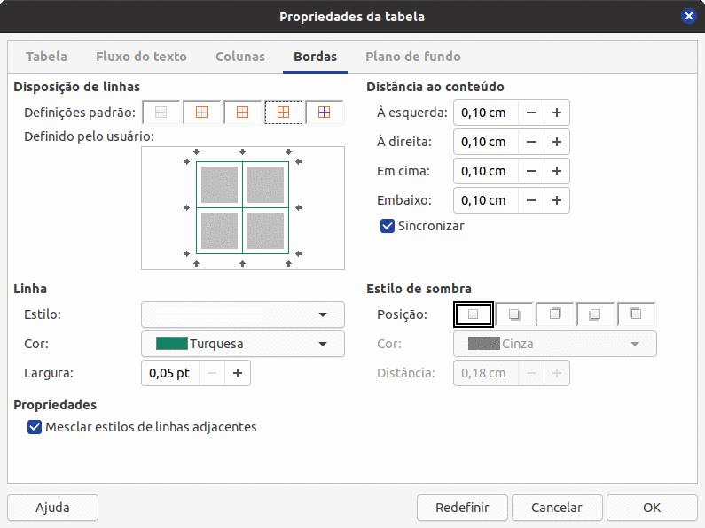 aba Bordas da caixa de diálogo Propriedades da tabela