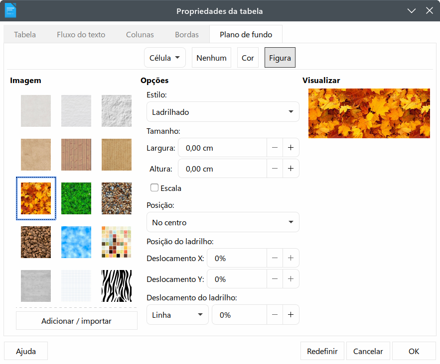 imagem como Plano de fundo na caixa de diálogo Propriedades da tabela