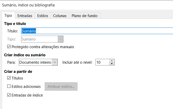 aba Tipo da caixa de diálogo Sumário, índice ou bibliografia