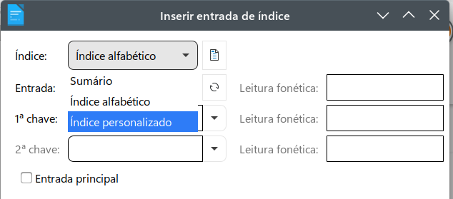 caixa de diálogo Inserir entrada de índice
