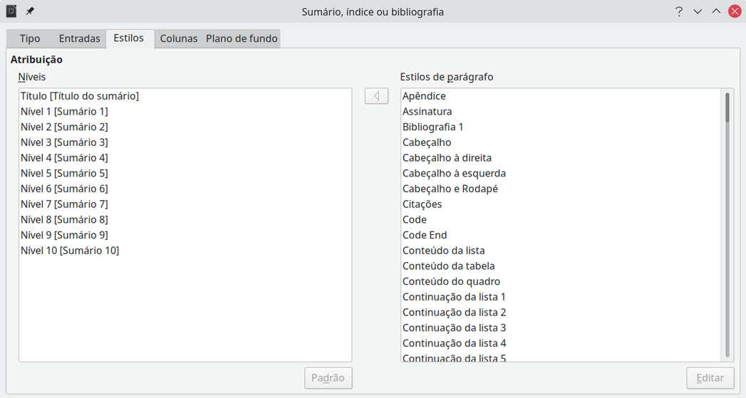 aba Estilos da caixa de diálogo Sumário, índice ou bibliografia