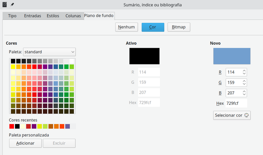 aba de plano de fundo, mostrando as opções de cores