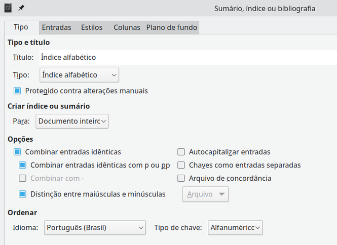 a aba Tipo para um Índice alfabético