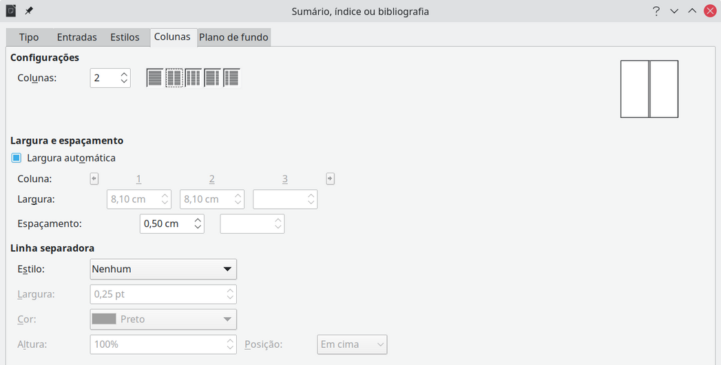 aba Colunas da caixa de diálogo Sumário, índice ou bibliografia
