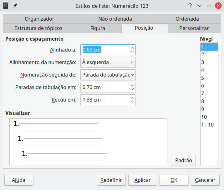 definir o espaçamento entre a margem e o texto