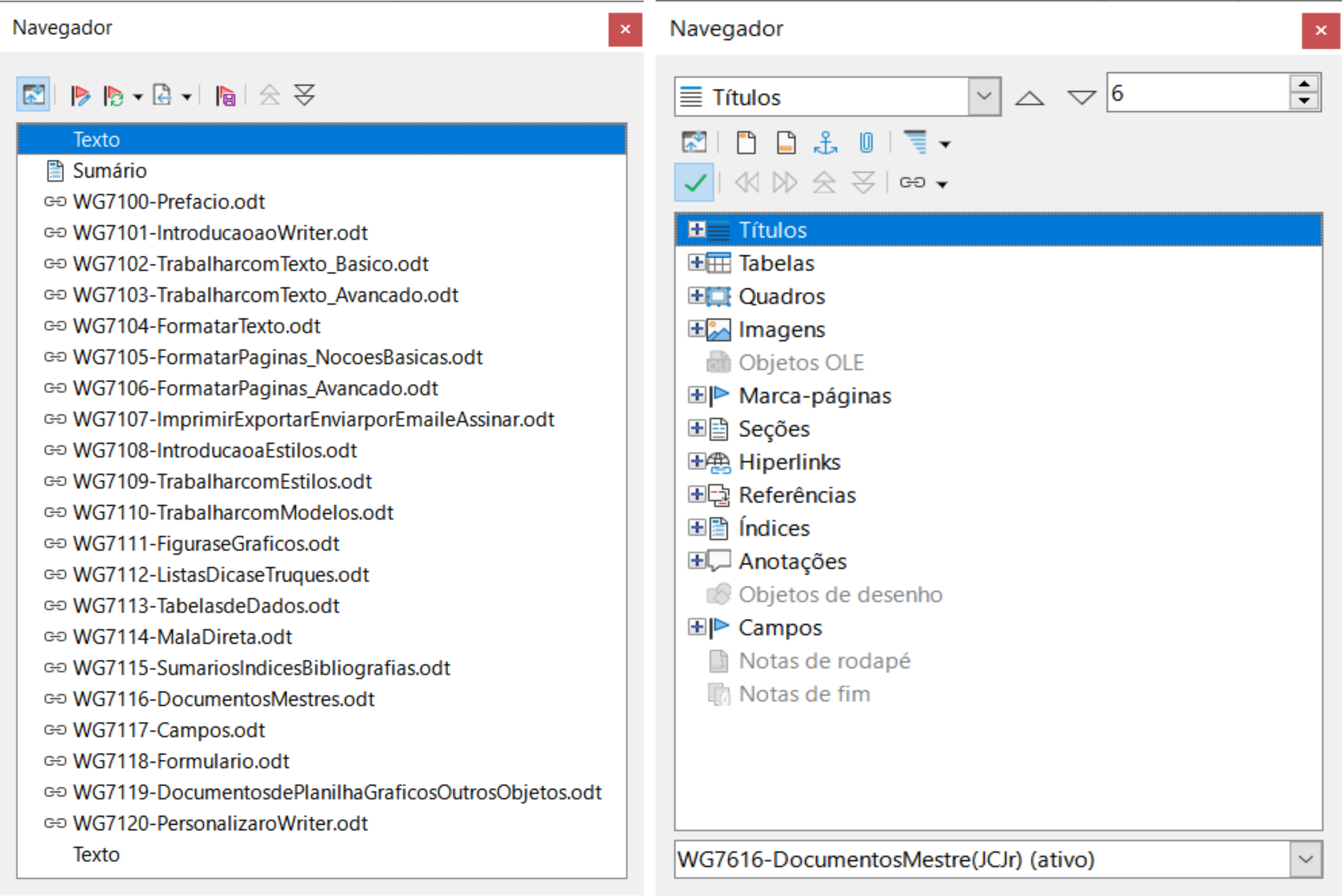 o Navegador para um documento mestre (esquerda) e para um documento de texto (direita)