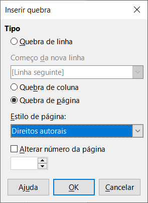 inserir uma quebra de página entre a página de título e a página de direitos autorais