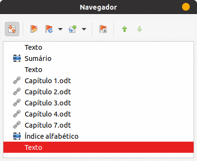 Navegador mostrando subdocumentos, sumário e índice alfabético em um documento mestre