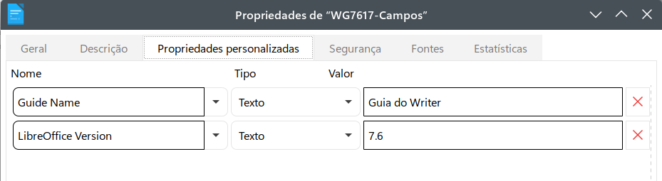 aba Propriedades personalizadas, mostrando listas suspensas de nomes e tipos