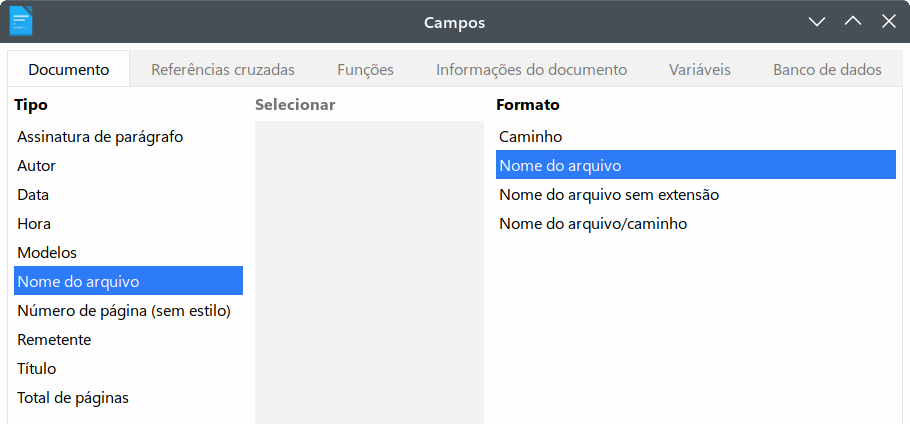 inserir um campo de Nome de arquivo usando a aba Documento da caixa de diálogo Campos