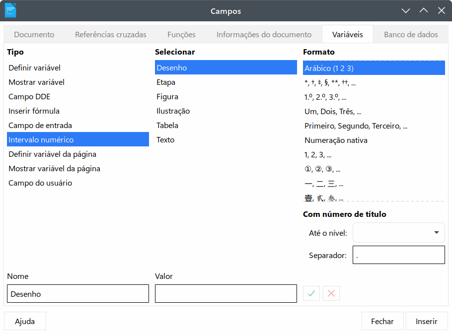 definir uma variável de intervalo numérico