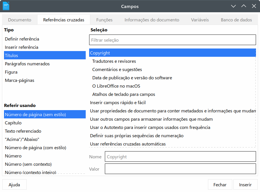 aba Referências da caixa de diálogo Campos