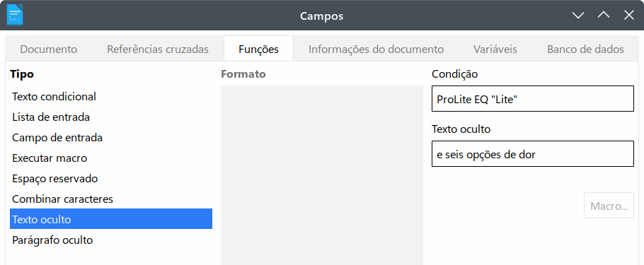 criação de uma condição para texto oculto na aba Funções 