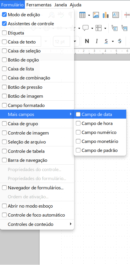 submenus da barra de menus Formulários