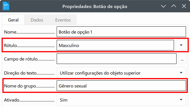 especificar nomes de Rótulo e Nome do grupo para um botão de opção