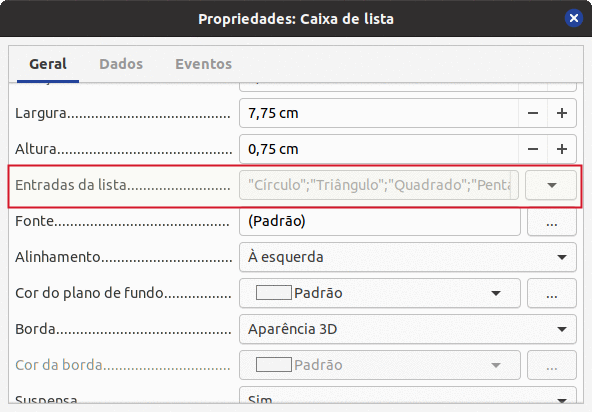 caixa de diálogo Propriedades: Caixa de lista