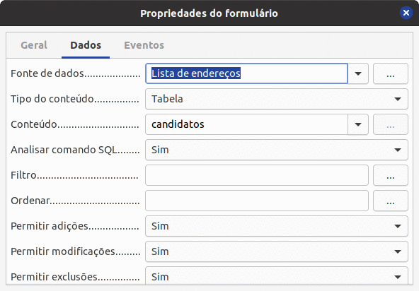  Propriedades do formulário, conectando-se a uma fonte de dados