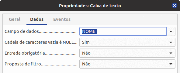 Propriedades: Caixa de texto, aba Dados