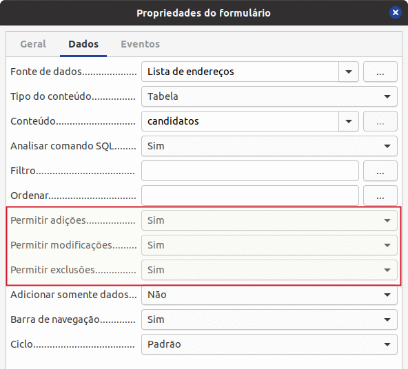 propriedades de dados de um formulário