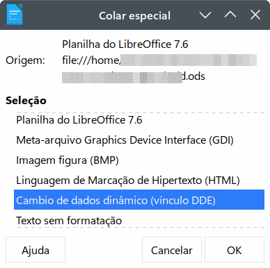 caixa de diálogo Colar especial no Writer, com o vínculo DDE selecionado